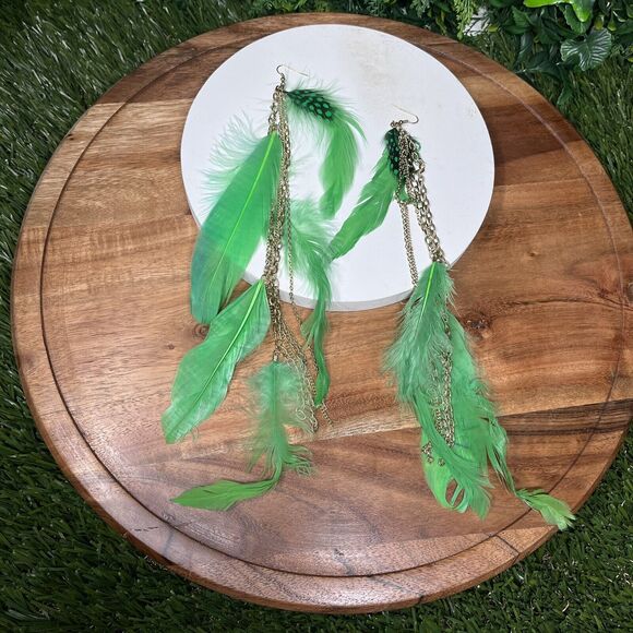 Earrings Women Gold Tone Green Feather‎ Earrings Dangle Drop 10 Inches 2126 - Picture 2 of 5